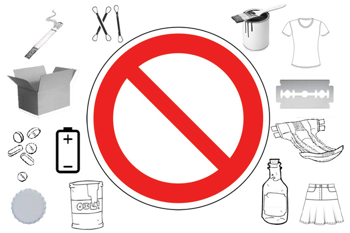 In der Mitte des Bildes ist ein asolutes Verbotsschild, um dieses befinden sich Dinge die Nicht in die Toilette geworfen werden sollen, wie Batterien, Medikamente, Wattestäbchen, Öl, Ziegeretten, Windeln, Flaschen, Kleidung, Rasierklingen, Farbe und Bierdeckel